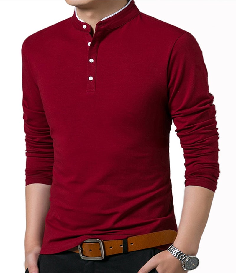 KUYIGO Men's Casual Slim Fit Shirts Long Sleeve Polo Shirt Cotton Button T-Shirts Wine Red 2X-Large - Image 3